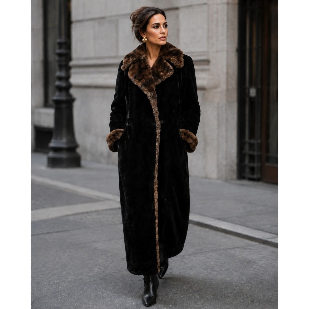 Vintage Borgazia by Fairmoor Black Maxi Coat Brown Faux Fur Trim Size M